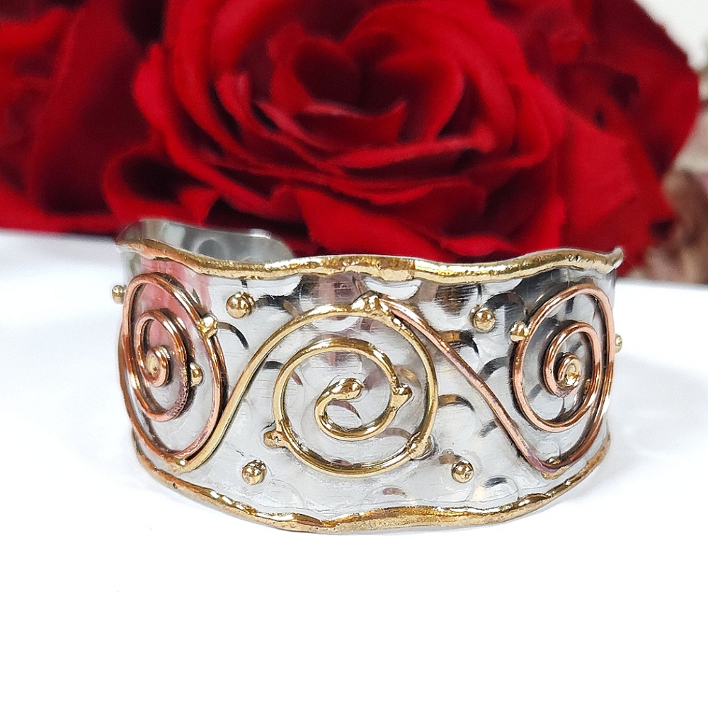 Gold & Bronze Swirl Hammer Texture Silver Cuff Bracelet Mixed Metal Bracelet
